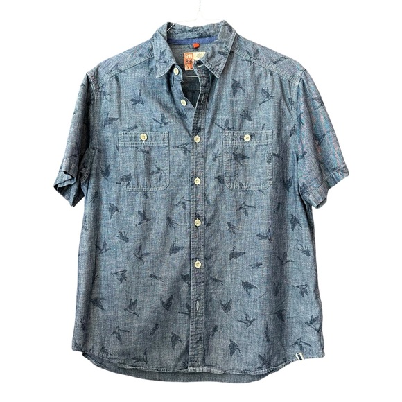 MENS RUFF HEWN DUCK PRINT CASUAL DENIM CHAMBRAY SHORT SLEEVE BUTTON UP SHIRT - Picture 3 of 13